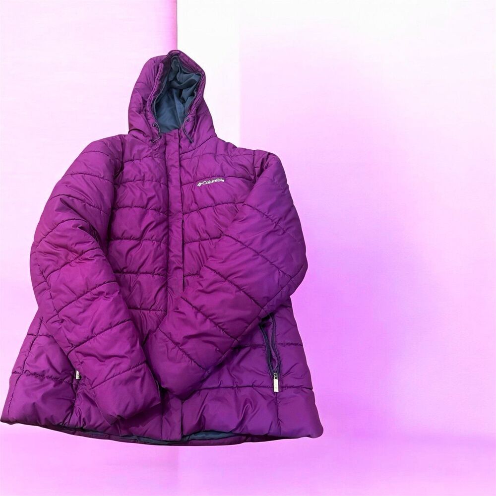 Columbia Women’s Hooded Puffer Jacket Purple Full Zip Mid-Length Pockets Size L
